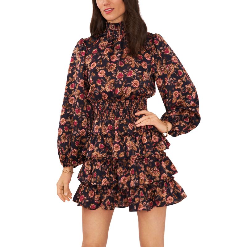 Women's Long Sleeve Smock Neck Ruffle Skirt Dress